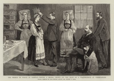 Prinsen af Wales i Norge prøver en brudekrone på hovedet af en ventepige på Vossevangen af Sydney Prior Hall