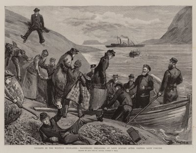 Turister i det vestlige højland, passagerer, der går om bord på Loch Scavaig efter at have besøgt Loch Coruisk af Sydney Prior Hall