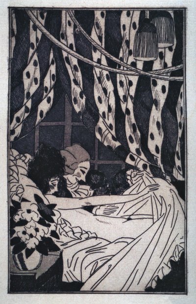 Erotik: Giacomo Casanova (1725-1798) hæver arkene for at betragte sin nøgne elskerinde, tidligt i det 20. århundrede (radering) af Sylvain Sauvage