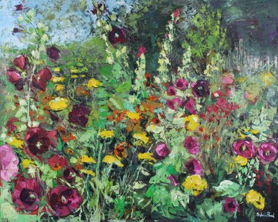 Hollyhock Garden, 2021 (olie på lærred) af Sylvia Paul