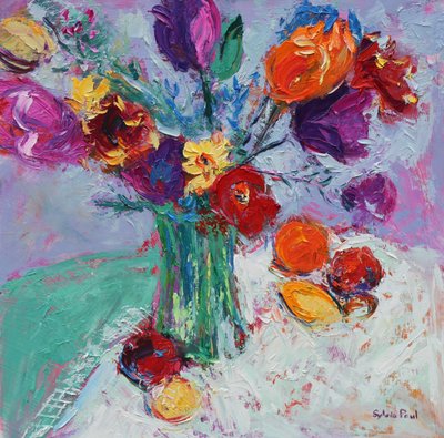 Tulipaner og frugt af Sylvia Paul