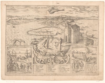 Udsigt over næsset i Cádiz Gades ab occiduis insulae partibus (titel på objekt) af Symon Novelanus (possibly)
