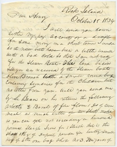 Brev signeret T.F. Smith, Rock Island, til Henry Chouteau, St. Louis, Mo., 18. oktober 1834 af T.F. Smith