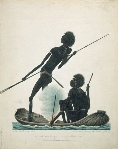 Indfødte, der fisker i en bark-kano, 1819 af T.R. Browne