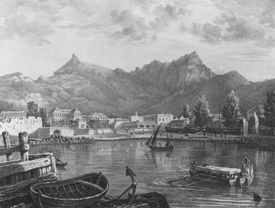 Port Louis, Mauritius, fra den østlige side af havnen, ca. 1830 (litografi) af T. (after) Bradshaw
