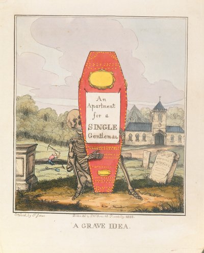 A Grave Idea: An Apartment for a Single Gentleman, pub. 1828 (farvegravering) af T. Hampson Jones