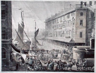 Billingsgate Market, graveret af J. Bluck (fl.1791-1819) (akvatint) af T. and Pugin A.C. (after) Rowlandson