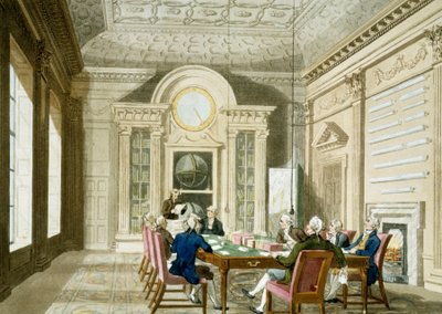 Den britiske admiralitets administrationsrum. Farvet radering offentliggjort den 1. januar af T. & Pugin A.C. (1762 1832) (after) Rowlandson