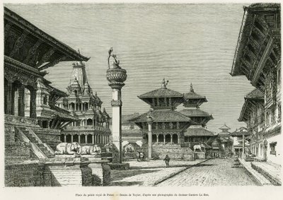 Stedet for det kongelige palads i Patan (nuværende Lalitpur). Gravering af Taylor for at illustrere historien Voyage au Nepal, af Dr. Gustave Le Bon (1841-1931), i le tour du monde 1886, instrueret af Edouard Charton (1807-1890), Hachette, Paris. af T Taylor