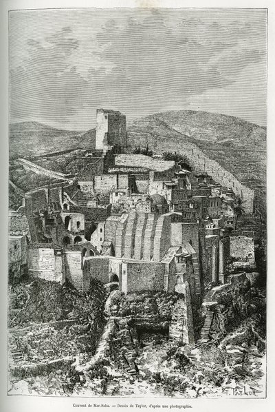 Klosteret Mar-Saba (Mar Saba) (Palæstina). Taylors gravering, for at illustrere historien om nutidens Syrien, af M. Lortet, dekan ved det medicinske fakultet i Lyon, med ansvar for en videnskabelig mission af Ministeriet for Offentlig Undervisning, offentl af T Taylor