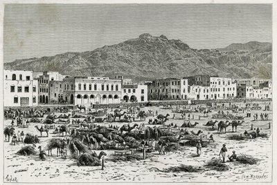 Marchen i Aden (Yemen). Taylors gravering, for at illustrere historien ""Rejsen til Benadir, Somalierne og Bayoun"", i 1882-1883, af M.G.Revoil. Udgivet i Le Tour du monde, nouveau journal des voyages af T Taylor