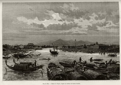 Udsigt over Hue (Vietnam), med beskrivelse af navigation på Song Huong-floden og Thien Mu-pagoden, bag omkredsmurene. Gravering af Taylor, for at illustrere historien "" Trente mois au Tonkin"" af Dr. Charles Edouard Hocquard (1853-1911), i 1885, i af T Taylor
