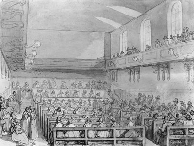 Kvækere samles i et mødehus i London af T. and Pugin A.C. Rowlandson