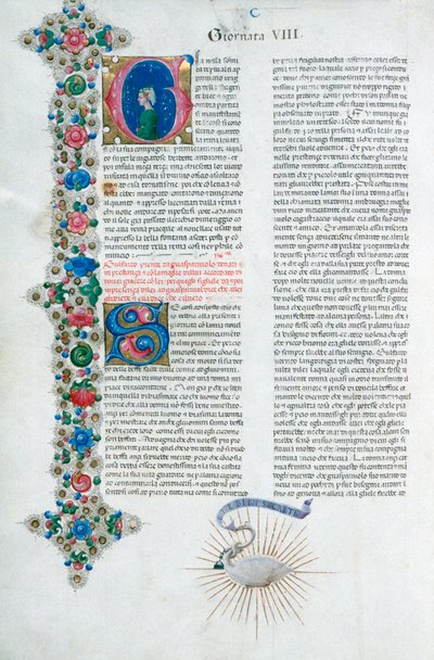 Oplyst manuskriptside fra Decameron, af Giovanni Boccaccio, italiensk, c1467. af Taddeo Crivelli
