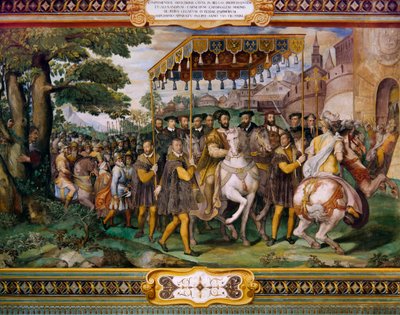 Francis I byder Charles V og kardinal Alessio Farnese velkommen i Paris af Taddeo Zuccari (1529-1566), Palazzo Farnese, Caprarola, Italien af Taddeo Zuccari