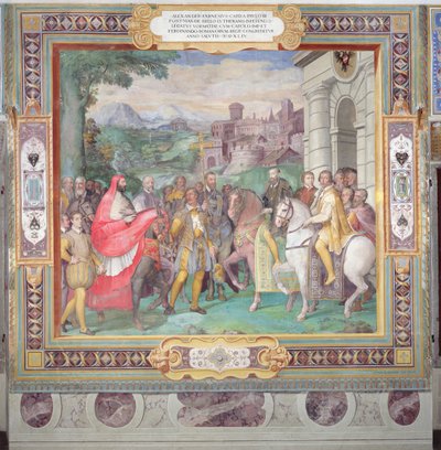 Karl 5. (1500-58) med Alessandro Farnese (1546-92) i Worms, fra "Sala dei Fasti Farnese" (Farnese-salen) 1557-66 (se også 156715) af Taddeo Zuccari