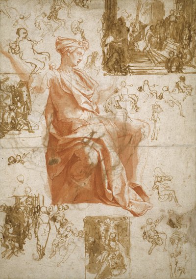 Ark med studier til forblænding af Elymas, offer i Lystra og en hellig familie, ca. 1558 af Taddeo Zuccaro