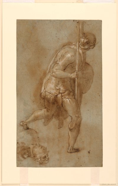Soldat Running: Studie for figur i venstre forgrund, "Forræderi mod Kristus," Rom, S. Maria della Consolazione, Matttei Chapel; Separate undersøgelser af to hoveder af Taddeo Zuccaro