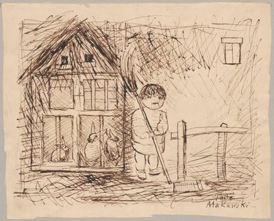 Barn under et bur med kaniner af Tadeusz Makowski