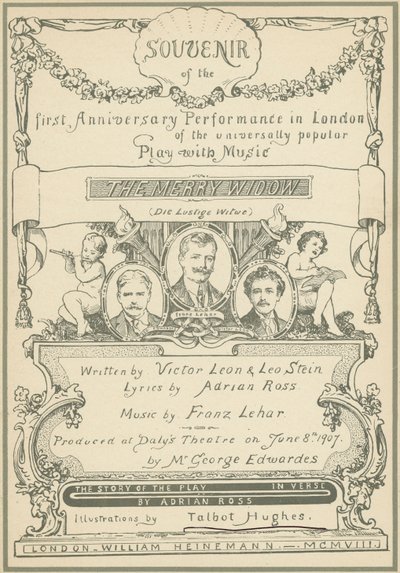Titelside på Souvenir fra den første jubilæumsforestilling i London af The Merry Widow (farve litho) af Talbot Hughes