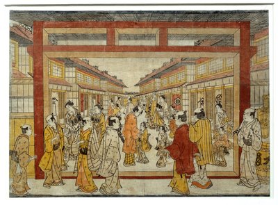 Perspektiv udsigt over Nakano-Cho. Japansk tryk af Masanobu Tanaka, aktiv mellem 1741 og 1748, Ukiyo-E stil. Paris, Musée Guimet af Tanaka Masunobu