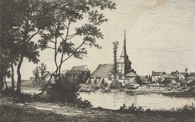 By med en kirke på tværs af en flod, 1800-tallet. af Tancrède Abraham
