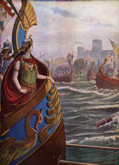 Antik romersk borgerkrig: Egyptisk dronning Cleopatra VII Thea Philopator (69-30 f.Kr.) ved slaget ved Actium i Ambracic-bugten den 2. september 31 f.Kr. mod Octave of Actiums flåde, af Tancredi Scarpelli