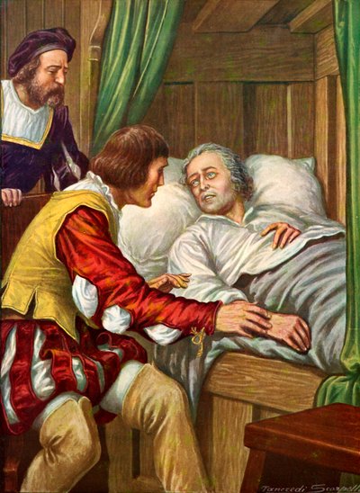 Christopher Columbus kommer sig efter sygdom for at finde sin bror ved hans seng af Tancredi Scarpelli