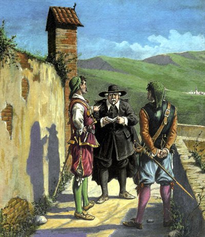 Don Abbondio møder krigerne - illustration til "De elskende" af Alessandro Manzoni, udg. Nerbini, Firenze af Tancredi Scarpelli