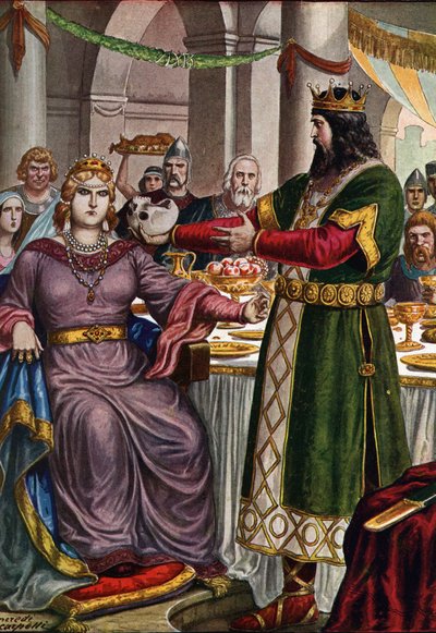 Lombard-kongen Alboin (ca. 526-572) tvinger sin kone, den gepidiske prinsesse Rosemonde (død 572) til at drikke af en kop dannet af hans fars kranium Cunimond ved en banket i Verona, Italien (Rosamund (eller Rosamunde) og hendes mand Alboin, konge af lango af Tancredi Scarpelli