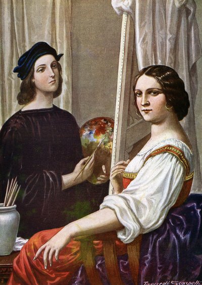 Portræt af maleren Raphael (Raffaello Sanzio 1483 - 1520), der maler Fornarina (den italienske maler Raphael og den unge dame kaldet Fornarinaen) Illustration af Tancredi Scarpelli (1866-1937) fra "Storia d