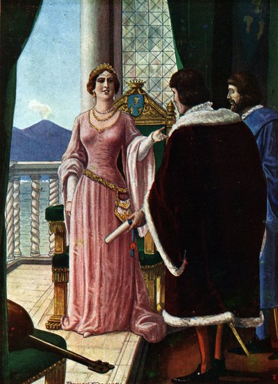 Dronning Joanna II af Napoli (Giovanna di Napoli eller Anjou Durazzo) (1373-1435) udpeger sin adoptivsøn Louis III af Anjou (1403-1434) Illustration af Tancredi Scarpelli (1866-1937) fra "" Sto af Tancredi Scarpelli