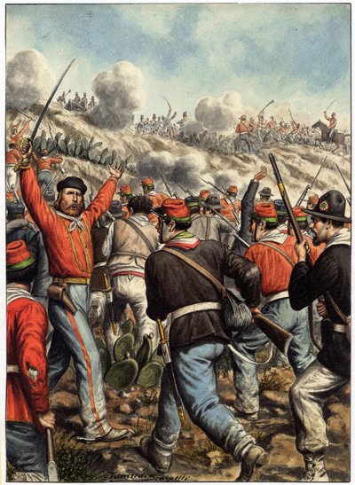 Risorgimento: fremstilling af Giuseppe Garibaldi (1807-1882) under et slag - omslag til "Garibaldi, Cronistoria illustrata dell