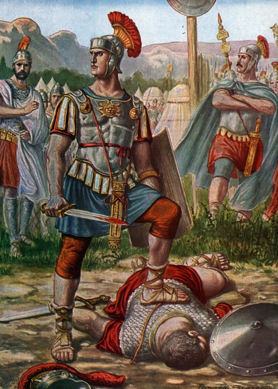 Romersk oldtid: repræsentation af konsul Titus Manlius Imperiosus Torquatus, der besejrede en galliker i 361 f.Kr. - (Titus Manlius Torquatus kæmper mod en gallisk kriger, der udfordrede den romerske hær og dræber ham, 361 f.Kr.) Illustration af Tancredi S af Tancredi Scarpelli