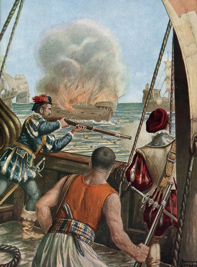 Anden ekspedition til Indien (1502-1503) "" Søslag mellem den portugisiske flåde af Vasco de Gama og flåden i Calicut, portugiserne affyrer det muslimske skib Miri angreb peleriner, der vender tilbage fra Mekka, 3/10/1502"" (anden rejse af Vasco de Gama (1 af Tancredi Scarpelli
