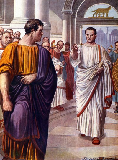 Den romerske statsmand Ciceron (Marcus Tullius Cicero) (106-43 f.Kr.) krydser konspiratoren Catilina (Lucius Sergius Catilina) (108-62 f.Kr.), som han fordømmer i 63 f.Kr. under catilinærernes taler. Illustration af Tancredi Scarpelli (1866-1937) af Tancredi Scarpelli