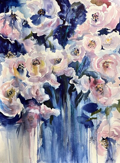 Blomster i lyserødt og blåt af Tanya Lundmark