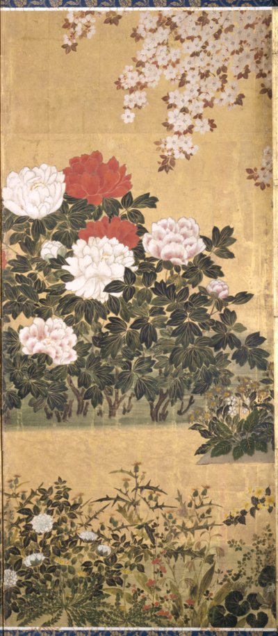 Blomster og sommerfugle (blæk, farve og bladguld på papir) af Tawaraya Sotatsu