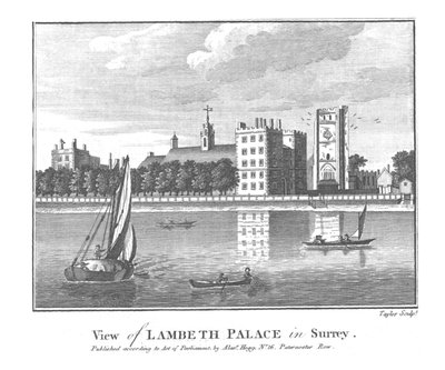 Udsigt over Lambeth Palace i Surrey., slutningen af det 18. århundrede af Taylor