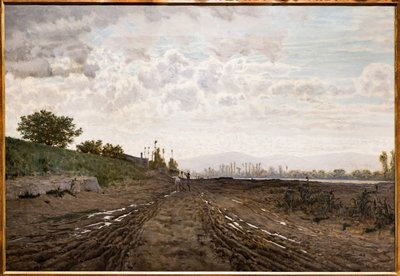 En morgen langs floden Arno. Sandgravere langs Arno, ca. 1868 (olie på lærred) af Telemaco Signorini