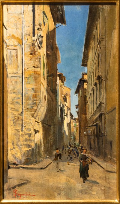 Delvis udsigt over en gade i Firenzes historiske centrum, ca. 1880 (olie på panel) af Telemaco Signorini