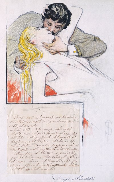 Kysset, af Telemaco Signorini (1835-1901) (tegning) af Telemaco Signorini