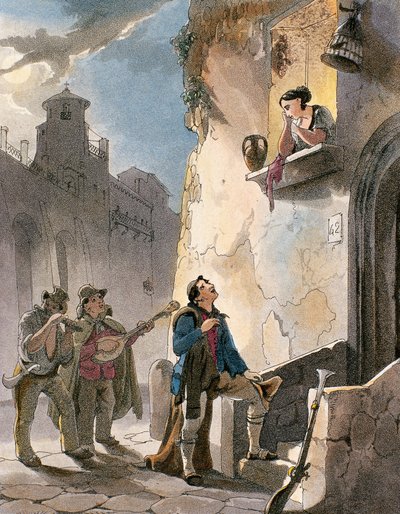 Serenade, illustration fra kostumer og populære scener i Napoli af Achille Vianelli, ca. 1830 (akvatint) af Teodoro Guglielmo Witting