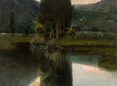 Sø med cypresser og huse, 1923. af Teodoro Wolf Ferrari