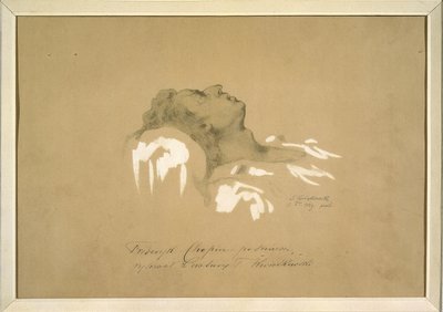 Frederic Chopin (1810-1849) på sit dødsleje af Kwiatkowski, Teofil (1809-1891). Blæk, gouache, grafit på papir af Teofil Kwiatkowski