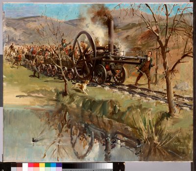 Trevithicks Penydarren-lokomotiv på sin episke rejse fra Merthyr til Abercynon, 21. februar 1804 (1963) (olie på lærred) af Terence Cuneo