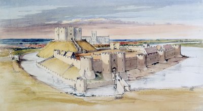 Illustration af York Castle, North Yorkshire, som det kunne have været i slutningen af det 13. århundrede, 1985 af Terry Ball