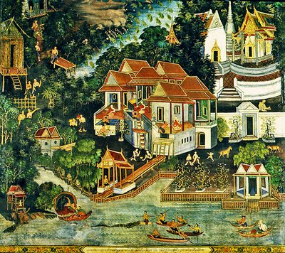 Krokodillejagt, Wirharn Sasada, Wat Bowonniwet Vihara, Bangkok (fresco) af Thai School