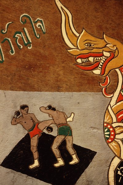 Dekoration på en oksevogn forestillende Muay Thai (maling på træ) af Thai School