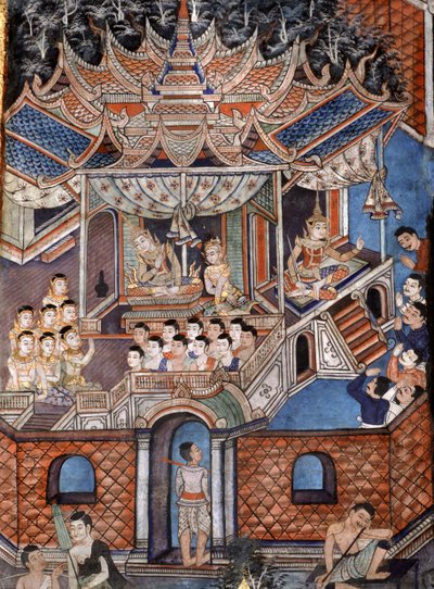 Detalje af vægmalerierne af Viharn laikam, der portrætterer Sang Thong Tales (vægmaleri) af Thai School